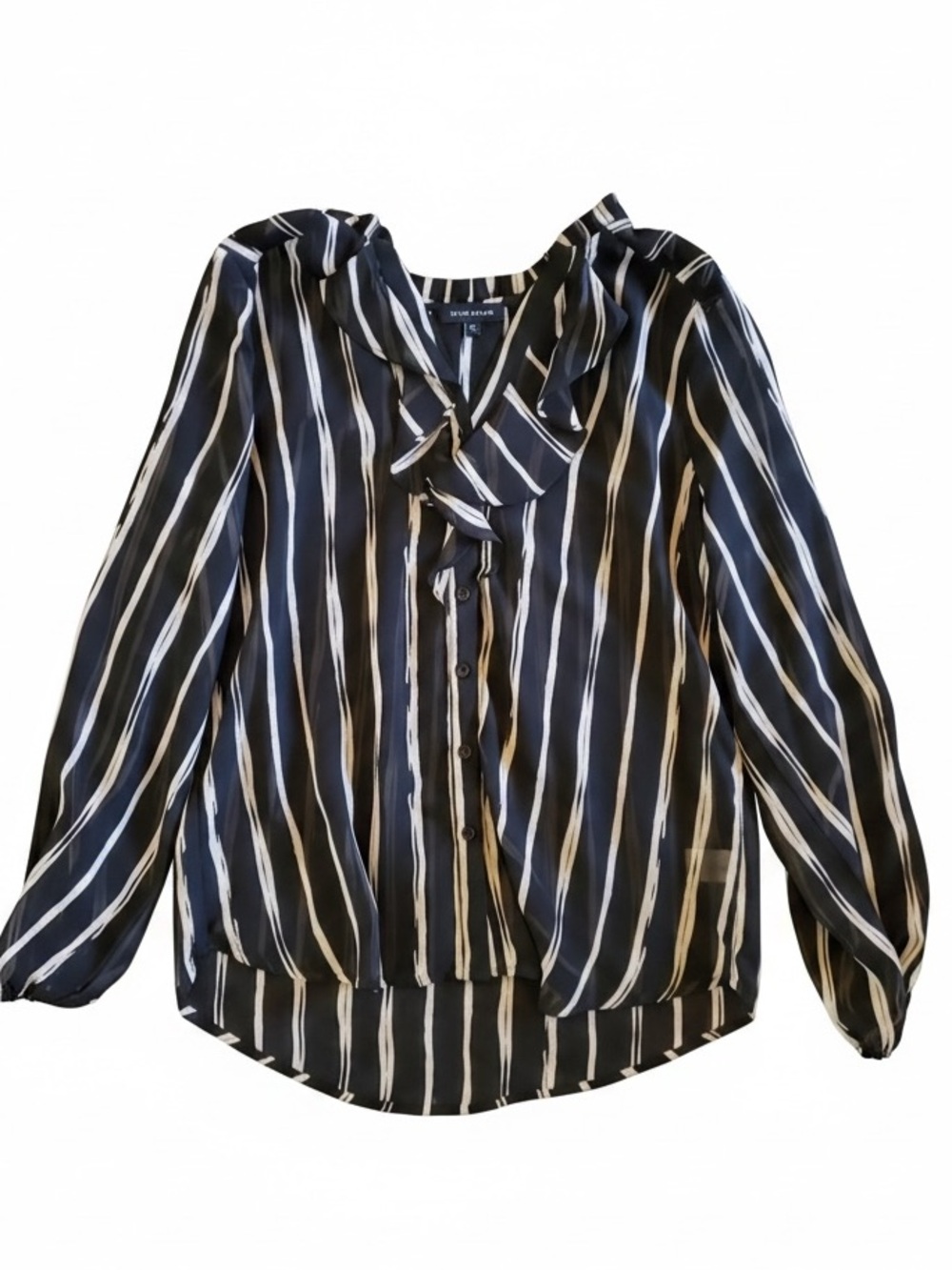 Pleione Sheer Black and Cream Ruffle Blouse V Neck